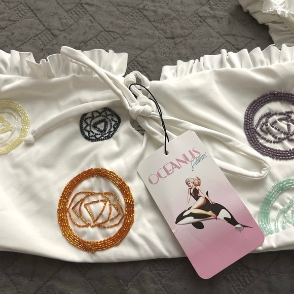Oceanus x CINTA White Chakra Full Bikini M Hand Beaded Off-Shoulder Swimwear NWT - Picture 5 of 13
